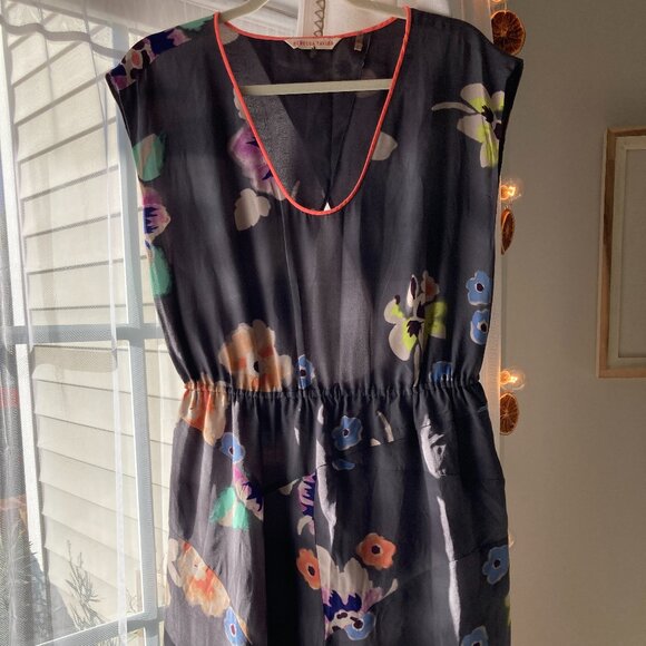 Rebecca Taylor Silk Dress Womens 12 Charcoal Grey Watercolor Floral Romantic - Picture 1 of 12